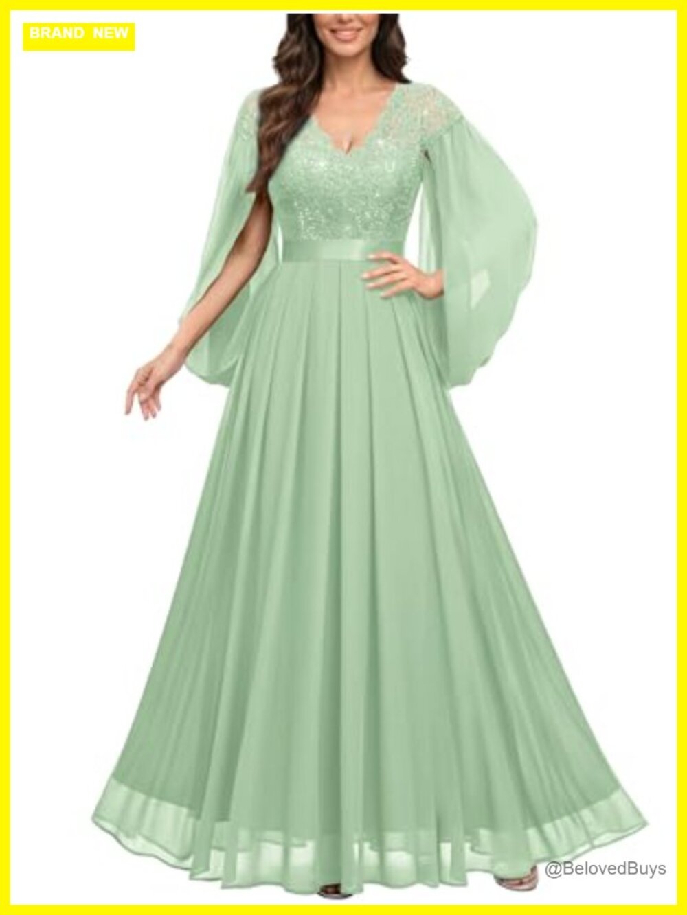 V-Neck Lace Sequin Cape Split Sleeve Floor-Length A-Line Evening Gown